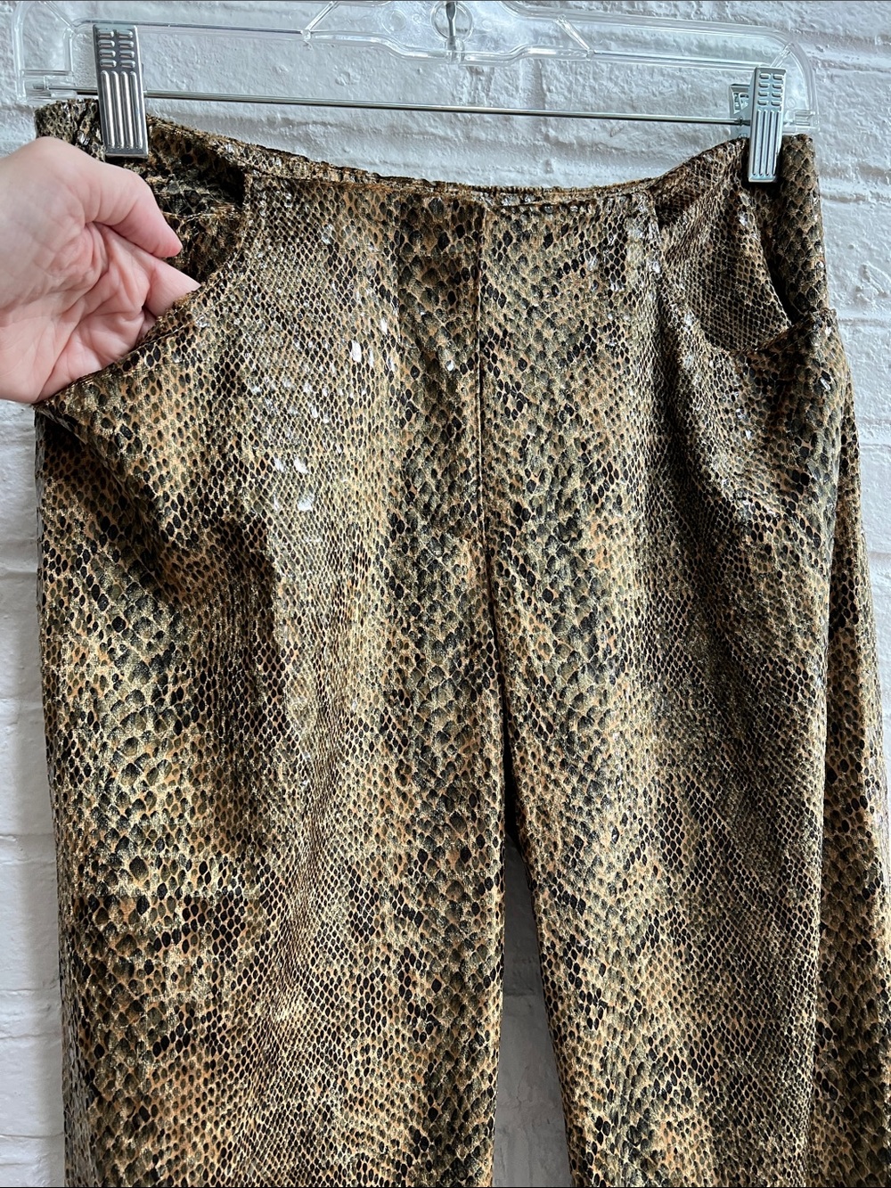 VINTAGE Y2K Tan Metallic Gold Shimmering Snake Scales Low Rise Bootcut Pants 6 - Picture 6 of 11